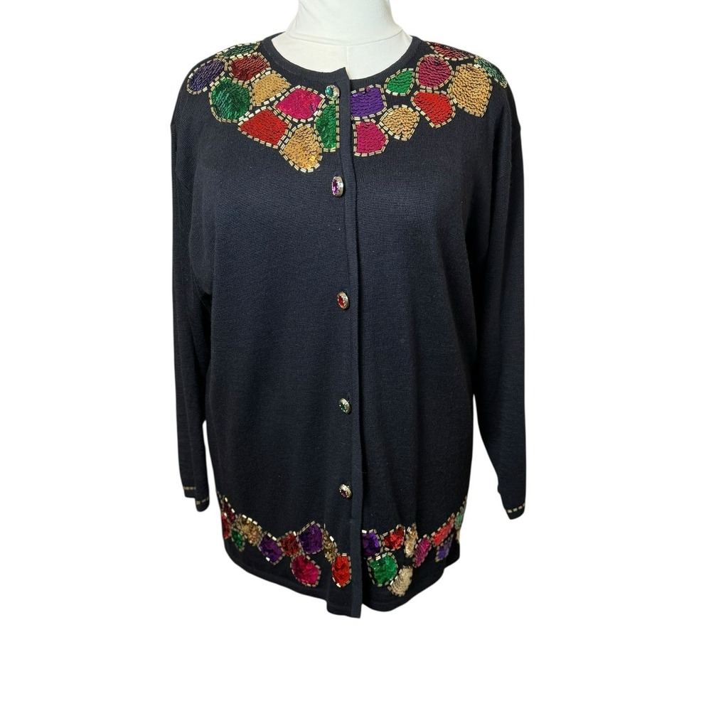 Vtg Kathryn‎ Deene Womens Black Cardigan Colorful Sequins Beaded 22/24 Holiday